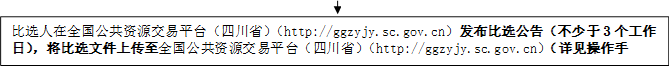 比選人在全國(guó)公共資源交易平臺(tái)（四川?。╤ttp://ggzyjy.sc.gov.cn）發(fā)布比選公告（不少于3個(gè)工作日），將比選文件上傳至全國(guó)公共資源交易平臺(tái)（四川?。╤ttp://ggzyjy.sc.gov.cn）（詳見(jiàn)操作手冊(cè)）。

